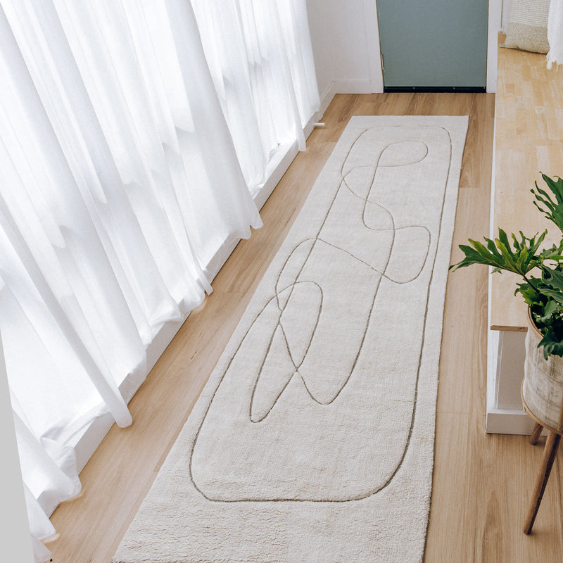 Hand Woven Cotton Floor Runner Rug in White with Pattern