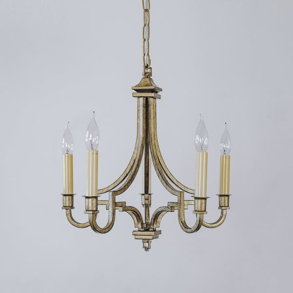 Five Arm modern Kalani chandelier in brushed gold finish. 